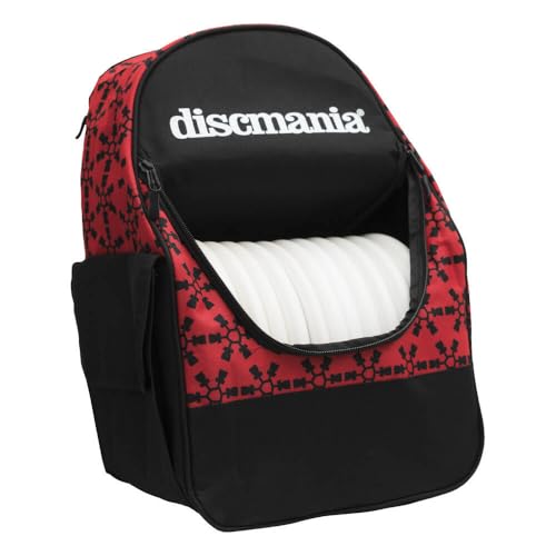 Discmania Fanatic Go Disc Golf Backpack | 18 Capacity + Top Pocket for 2 Putters | Lightweight, Durable Disc Golf Bag | Tall Side Pocket, Bottle Holder | Padded Straps & Water-Resistant Shell - color: Red