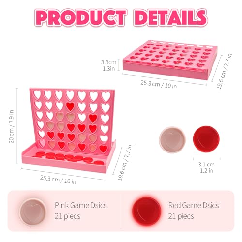 Big Size 4 in a Row Connect Game for Kids Teens Adults, Board Games for 3-8 Years Old Boys Girls, Birthday Gifts with Pink Hearts Love Shaped for Valentine, Protable 2-Player Strategy Travel Toys