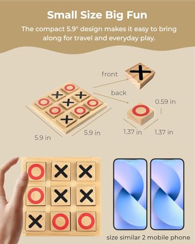 Pedolini Wooden Tic Tac Toe Game - 5.9 Inch Small Travel Board Games - Home Coffee Table Decor for Adults & Kids