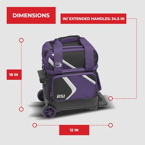 BSI Dash Roller Bowling Bag with Smooth Rolling Wheels, Padded Ball Compartment, Retractable Locking Handle, & Shoe Pocket - color: Black/Purple/White, style: Single