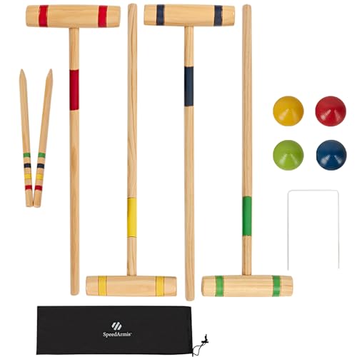 SpeedArmis Teens Croquet Set for 4 Players - 24In Pine Wooden Mallets, Colored PE Ball, Wickets, End Stakes, Lawn Backyard Outdoor Game Kit for Family (Portable Carry Bag Including) - color: Burlywood Color