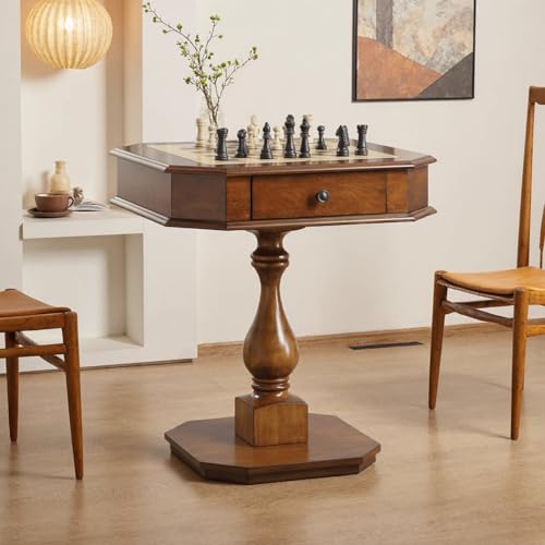 Chess Table, Reversible Chess Checker Game Table with 2 Drawers for Family Entertainment Room, 3-in-1 Square Game Tray for Chess Checker Backgammon, Cherry Finish - size: 28''-Chess Table Cherry Wood