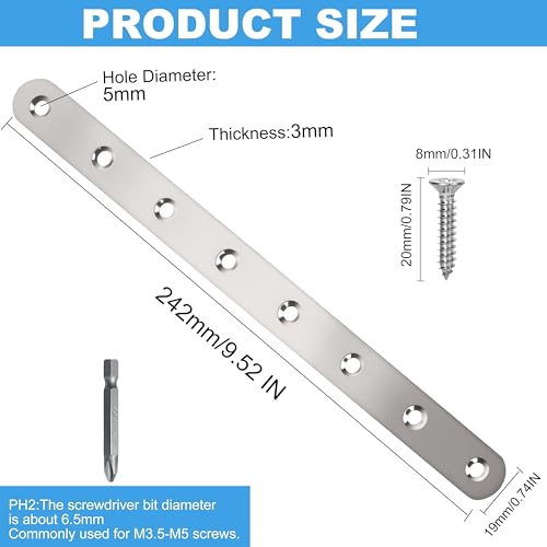 4 Pack Straight Brace,Flat Brace 9.7” x 0.75”,Stainless Steel Flat Metal Braces,Repair Bracket with Screws - size: 246mm/4 Pcs