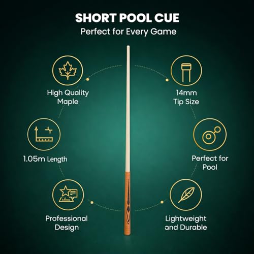 Short Pool Cue Stick 41.34in with 14mm Tip, 2 - Piece Maple Billiard Cue - High Hitting Accuracy, Compact Design for Tight Spaces, Ideal for Beginners & Pros
