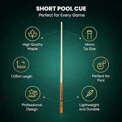 Short Pool Cue Stick 41.34in with 14mm Tip, 2 - Piece Maple Billiard Cue - High Hitting Accuracy, Compact Design for Tight Spaces, Ideal for Beginners & Pros