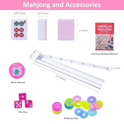 American Mahjong Game Set, 166 Pink Tiles, Pink Bag and Accessories, 4 All-in-One Transparent Rack/Pushers, Mahjong Tiles Set - color: Pink