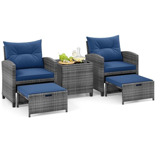 Tangkula 5 Pieces Patio Conversation Set, PE Wicker Rattan Outdoor Furniture Set with 2 Chairs, 2 Ottomans & Tempered Glass Coffee Table, Ideal for Poolside, Backyard, Lawn, Deck, Mix Grey & Navy - color: Mix Grey & Navy