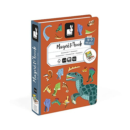 Janod - Magnetibook 51 pc Magnetic Dinosaur Mix and Match Game - Ages 3+ - Playing Dress-Up with Magnets - Enhances Fine Motor Skills - Includes Book Shaped Travel/Storage Case