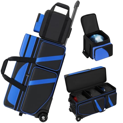 4 Ball Bowling Bags with Wheels, Bowling Ball Bag with Multi-Pockets,4 Ball Bowling Bag with Secure Buckle Fixed Ball Cup & Shoe Compartment,3 Ball Bowling Bag+1 Ball Color Matching Add On Tote - color: blue 3+1