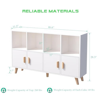 OSCHF Cubby Shelf Bookcase with Doors - Wooden 8 Cube Floor Standing Open Bookshelf with Solid Wood Legs, 2-Tier Low Storage Cabinet, Warm White - color: Warm White