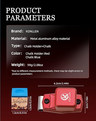 KONLLEN Magnetic Pool Chalk Holder Aluminum Alloy Belt Clip | Portable design, durable metal construction, quick access,metal cue chalk case for pool, snooker and carom - color: Red Chalk Holder+pool chalk