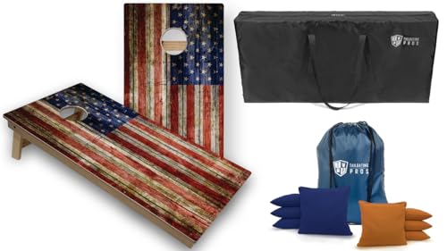 Tournament Grade Tailgating Pros American Flag Wooden Plank Design Cornhole Board Set w/Bean Bags and Carrying Case - 4'x2' Corn Hole Toss Game w/Built in Lights - color: Royal / Gold