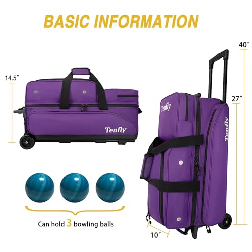 Triple Roller Bowling Bag with Wheels, Heavy Duty 3 Ball Bag for League & Recreational Bowlers - color: Purple