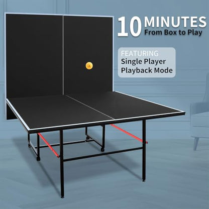 9x5 FT Foldable Ping Pong Table for Indoor Use, Professional MDF Table Tennis Table with Net, 2 Paddles & 3 Balls, Playback Mode, Space-Saving Folding Design for Family Recreation (Black)