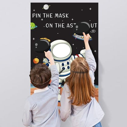 Hooqict Pin The Mask on The Astronaut Space Party Games for Kids Birthday Game Astronaut Solar System Outer Space Themed Party Decorations, Large Poster with 24 Mask Stickers - style: Astronaut