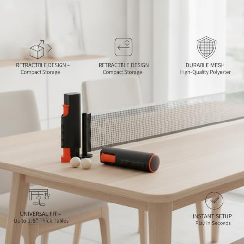 Retractable Table Tennis Net and Post Set with Balls, Portable Polyester Mesh for Standard Tables up to 1.5 Inches Thick