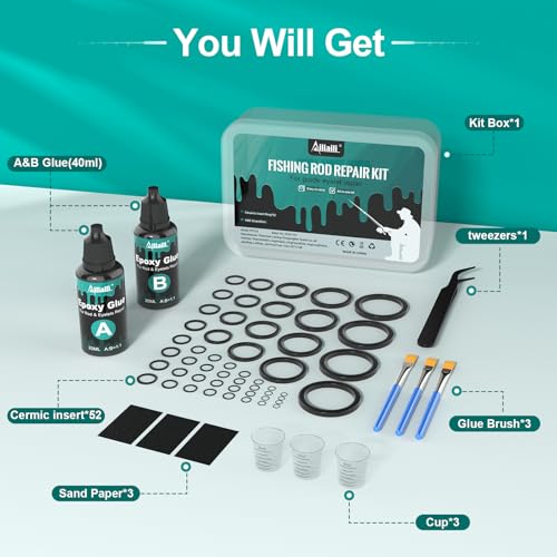 Fishing Rod Repair Kit, Fishing Pole Eyelet Repair -13 Sizes 52Pcs Ceramic Guide Rings for Replacement, Rod Tip Accessories & Gear | High-Hardness | Low-Friction/w A&B Epoxy Glue Tweezer