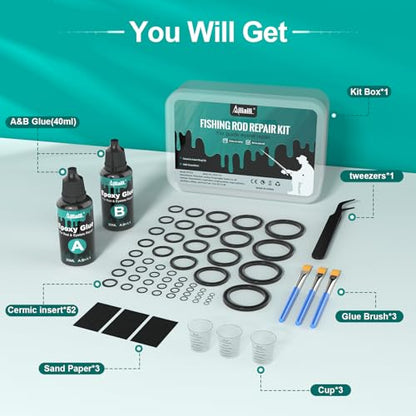 Fishing Rod Repair Kit, Fishing Pole Eyelet Repair -13 Sizes 52Pcs Ceramic Guide Rings for Replacement, Rod Tip Accessories & Gear | High-Hardness | Low-Friction/w A&B Epoxy Glue Tweezer
