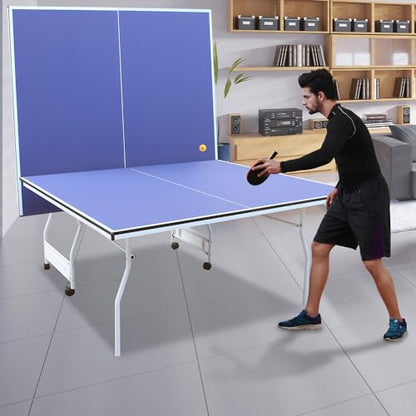 Professional Table Tennis Table, Foldable Ping Pong Game Set for Indoor, 8FT 9FT Single Player Playback Mode Ping Pong Table with Net and Post Set, 2 Paddles and 3 Balls (Blue-9FT-Curved Legs)