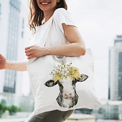 Sieral 2 Pcs Animal Lover Bag Gift for Women Travel Canvas Tote Portable Zipper Pouch Canvas Reusable Grocery Tote - style: Cow