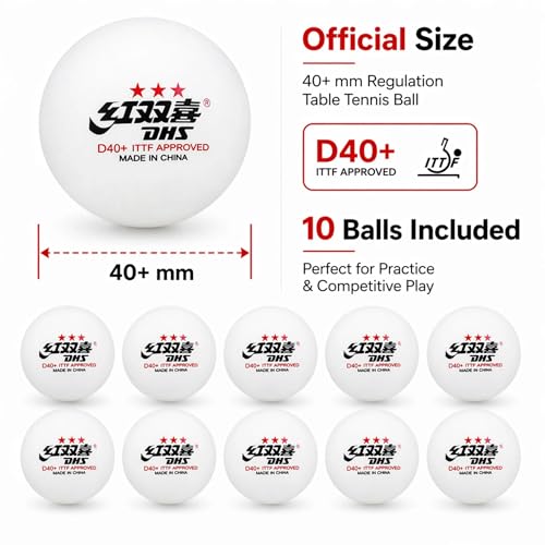 DHS D40+ 3-Star Ping Pong Balls, ITTF Approved, Official Size 40+mm, Consistent Bounce for Training and Competition, White, 10 Count