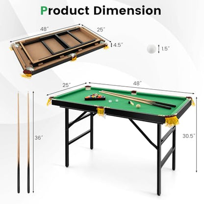 HONEY JOY 48" Pool Table, 4 FT Mini Portable Folding Pool Game Table Set w/ 2 Cue Sticks, 16 Balls, Triangle, 2 Chalks & Brush, Indoor & Outdoor, Billiard Tables for Kids Adults Family Game Room