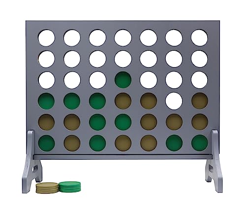 Giant 4 in a Row Game for Family & Adults – Tailgating Pros Jumbo Grey Wooden Four in a Row Indoor & Outdoor Yard Game for Family Party Fun, Portable Activities for Patio, Backyard, and Camping - color: Kelly / Gold