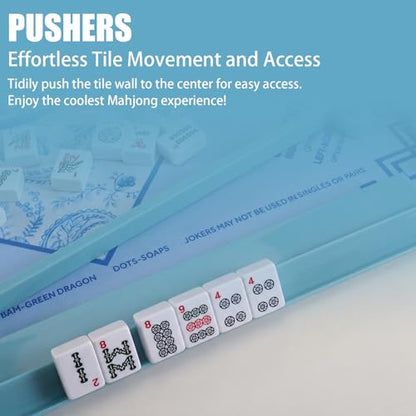 4 Pcs 18.7 Inch Misty Blue Acrylic Mahjong Tile Racks with Pushers for Game Night American Mahjong Racks Tile Set for Mah Jong Lovers and Beginners - color: Misty Blue