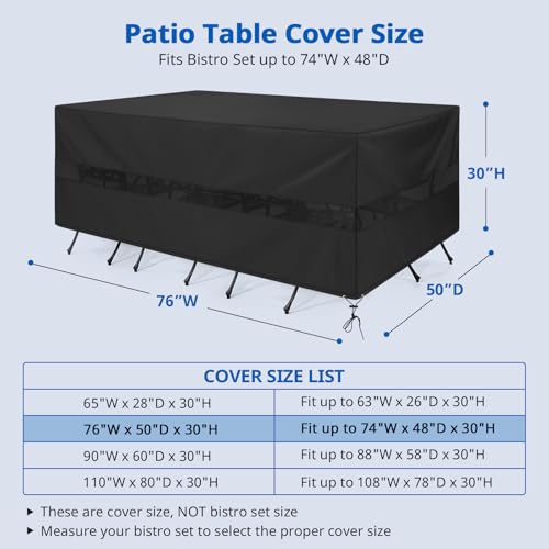 SunPatio Patio Furniture Covers Waterproof, Rectangular Table and Chairs Set Cover, Outdoor Furniture Set Cover with Drawstrings and Taped Seams, All Weather Protection, 76"W x 50"D x 30"H, Black - size: 76"W x 50"D x 30''H