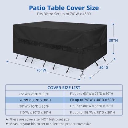 SunPatio Patio Furniture Covers Waterproof, Rectangular Table and Chairs Set Cover, Outdoor Furniture Set Cover with Drawstrings and Taped Seams, All Weather Protection, 76"W x 50"D x 30"H, Black - size: 76"W x 50"D x 30''H