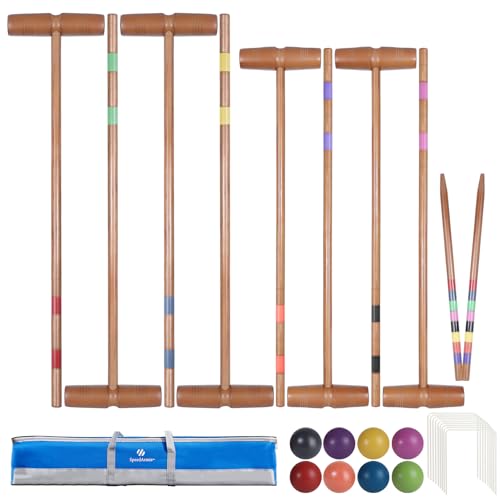 SpeedArmis Brown Croquet Set for Adults - 8 Players Croquette Kit with 35In Deluxe, 32In Regulation Size Rubber Wood Mallets, Colored PE Ball, Wickets, End Stakes, Lawn Backyard Game for Families - color: Mahogany Color