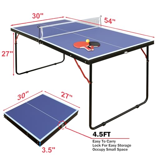 Table Tennis Table Mid-Size, Foldable Ping Pong Table Top Full Size with 2 Paddles, 2 Balls, 1 Net & 4 Wheels, Folding Table Tennis for Indoor & Outdoor, Quick Assembly to Support Multiplayer - size: 4.5ft