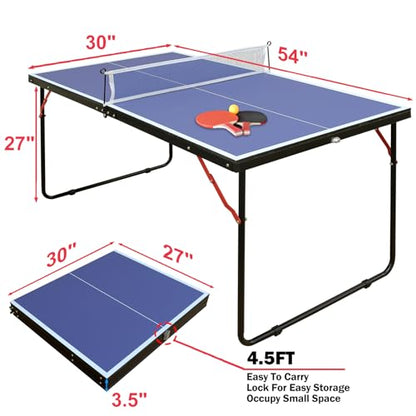 Table Tennis Table Mid-Size, Foldable Ping Pong Table Top Full Size with 2 Paddles, 2 Balls, 1 Net & 4 Wheels, Folding Table Tennis for Indoor & Outdoor, Quick Assembly to Support Multiplayer - size: 4.5ft