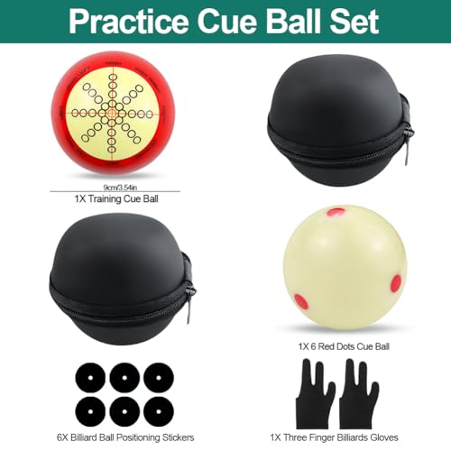 2 PCS Billiards Cue Ball 2-1/4" Pool Cue Practice Training Artifact with Three Finger Billiard Gloves 2 Ball Bag 6 Pool Table Marker Dots for Billiard Table Accessory