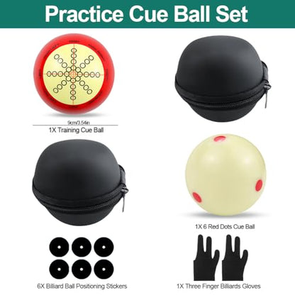 2 PCS Billiards Cue Ball 2-1/4" Pool Cue Practice Training Artifact with Three Finger Billiard Gloves 2 Ball Bag 6 Pool Table Marker Dots for Billiard Table Accessory