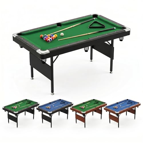 63.8 Inch Foldable Pool Table, No Assembly, Steel Folding Legs, 4-Point Leveling Feet, Complete Set — 16 Balls, Triangle, Chalk, Felt Brush - color: Green Felt+Black Frame