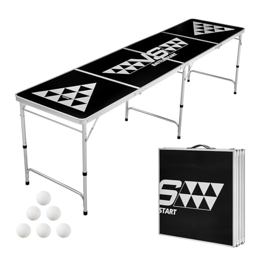 VEVOR 8 Foot Portable Beer Pong Table, Carrying Handles and 6 Pong Balls, Adjustable Height, Lightweight Table for Office, Tailgate Party, Travel and Camping, Black