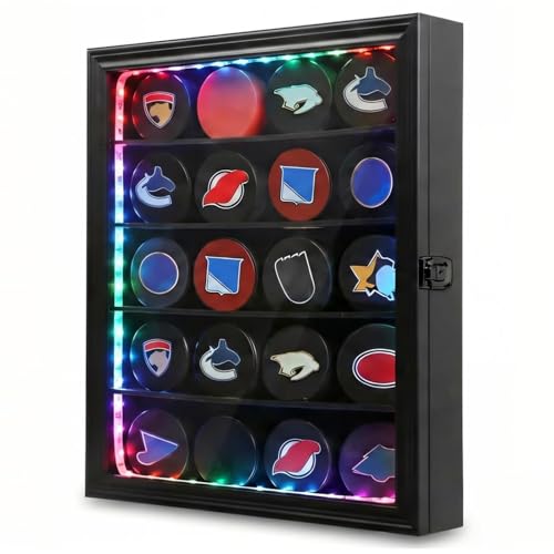LED 20 Hockey Puck Display Case, Wall Mount & Freestanding Shadow Box Holder with Clear Glass, Large Black for Hockey Puck Collection - size: Large LED-Black