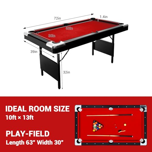 7 Foot Pool Table for Family, Foldable No Assembly Pool Table with Balls, Cues, Chalk, Rack & Brush, Portable Billiards Game Table for Apartment, Basement, Office & Game Room - size: Red-6FT