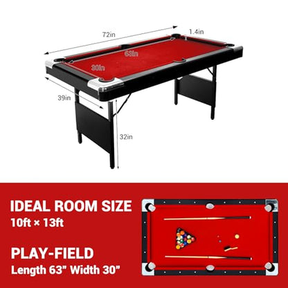 7 Foot Pool Table for Family, Foldable No Assembly Pool Table with Balls, Cues, Chalk, Rack & Brush, Portable Billiards Game Table for Apartment, Basement, Office & Game Room - size: Red-6FT