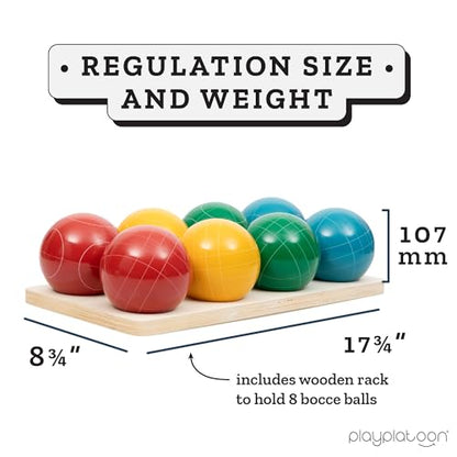 Play Platoon Bocce Ball Set Regulation Size Game Set - 107mm with 8 Hard Polyresin Premium Balls, Pallino, and Professional Carry Bag & Measuring Rope - Outdoor Games for Backyard, Lawn, Beach