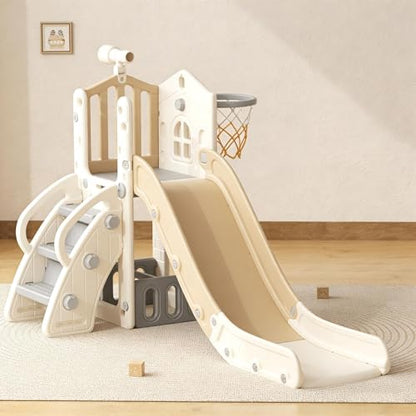 YUFU 5 in 1 Toddler Slide, Kids Slide with Climber, Basketball Hoop and Ball, Outdoor Indoor Playset for Toddlers Age 1-3 (Beige+Coffee) - color: Beige+coffee