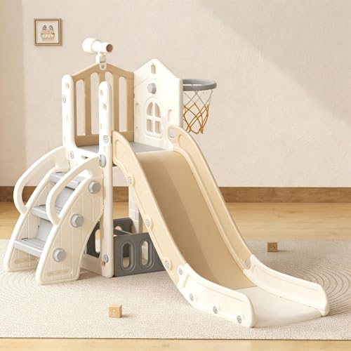 YUFU 5 in 1 Toddler Slide, Kids Slide with Climber, Basketball Hoop and Ball, Outdoor Indoor Playset for Toddlers Age 1-3 (Beige+Coffee) - color: Beige+coffee