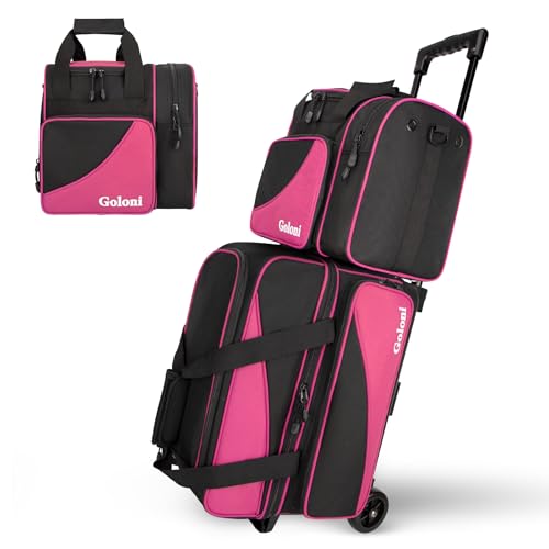 Goloni 3 Ball Bowling Bag with Wheels, 2+1 Double Roller Bowling Bag with Shoe Compartment,Tote Bag for Bowling Accessories - color: 3 Ball-Pink