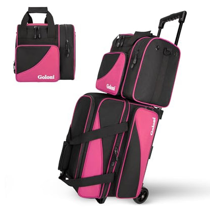 Goloni 3 Ball Bowling Bag with Wheels, 2+1 Double Roller Bowling Bag with Shoe Compartment,Tote Bag for Bowling Accessories - color: 3 Ball-Pink