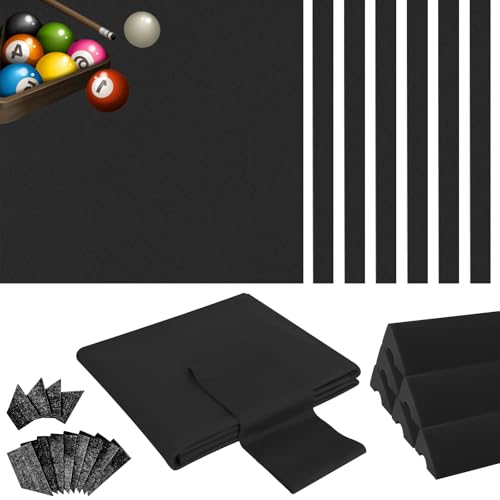 Podoy 8ft Pool Table Replacement Kit, Pool Table Bumpers (Set of 6) with Felt Cloth/Cushion Facings (Set of 12) for Billiard Rail Rubber Bumpers Home & Pro Use Billiard Rail & Pocket Accessories - color: BLACK WITH CLOTH