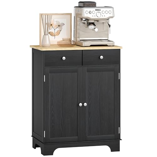 HOMCOM Sideboard Buffet Cabinet with Solid Wood Countertop, Modern Kitchen Storage Cabinet, Coffee Bar Cabinet with 2 Drawers, Doors and Adjustable Shelf, Distressed Black - color: Distressed Black, size: 26.75" x 15.75" x 33.5"