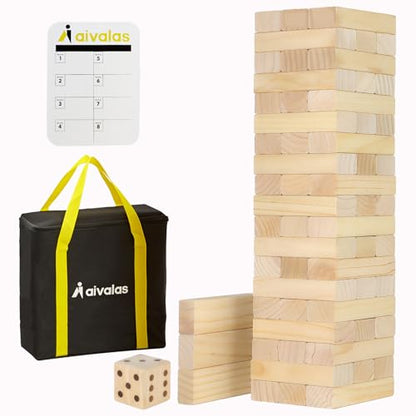 Aivalas Medium Tumble Tower 60PCS Wooden Block Stacking Yard Games with Carrying Bag Indoor & Outdoor Game for Kids and Adults Party Games for Backyard Lawn Beach Camping (Over 3.2 Ft) - size: M-Over 3.2 FT-60PCS
