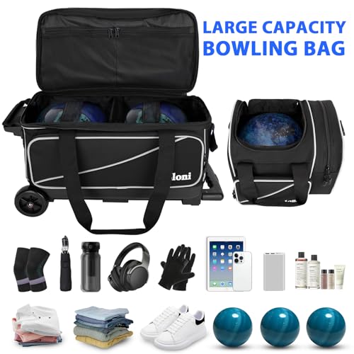 Goloni 3 Ball Bowling Bag with Wheels, 2+1 Double Roller Bowling Bag with Shoe Compartment,Tote Bag for Bowling Accessories - color: 3 Ball-Black