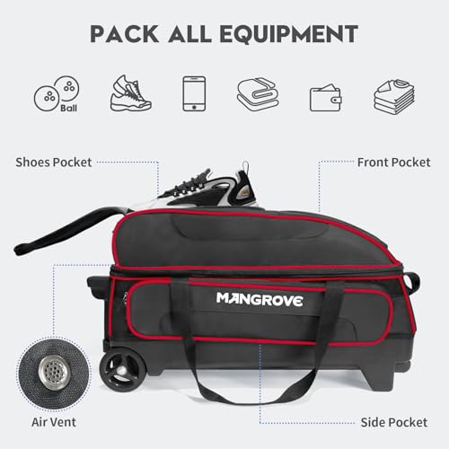Mangrove 3 Ball Bowling Bag with Wheels & Shoe Compartment, Deluxe Bowling Ball Bag 3 Ball Roller, Rolling Triple-Ball Bag w/Accessory Pocket & Retractable Handle Extends to 40'' - color: Red